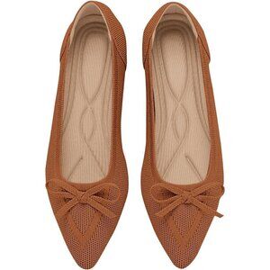 🆕Women Brown Knit Flats Pointed Toe Bow Ballet Shoes Comfortable Dressy Slip On